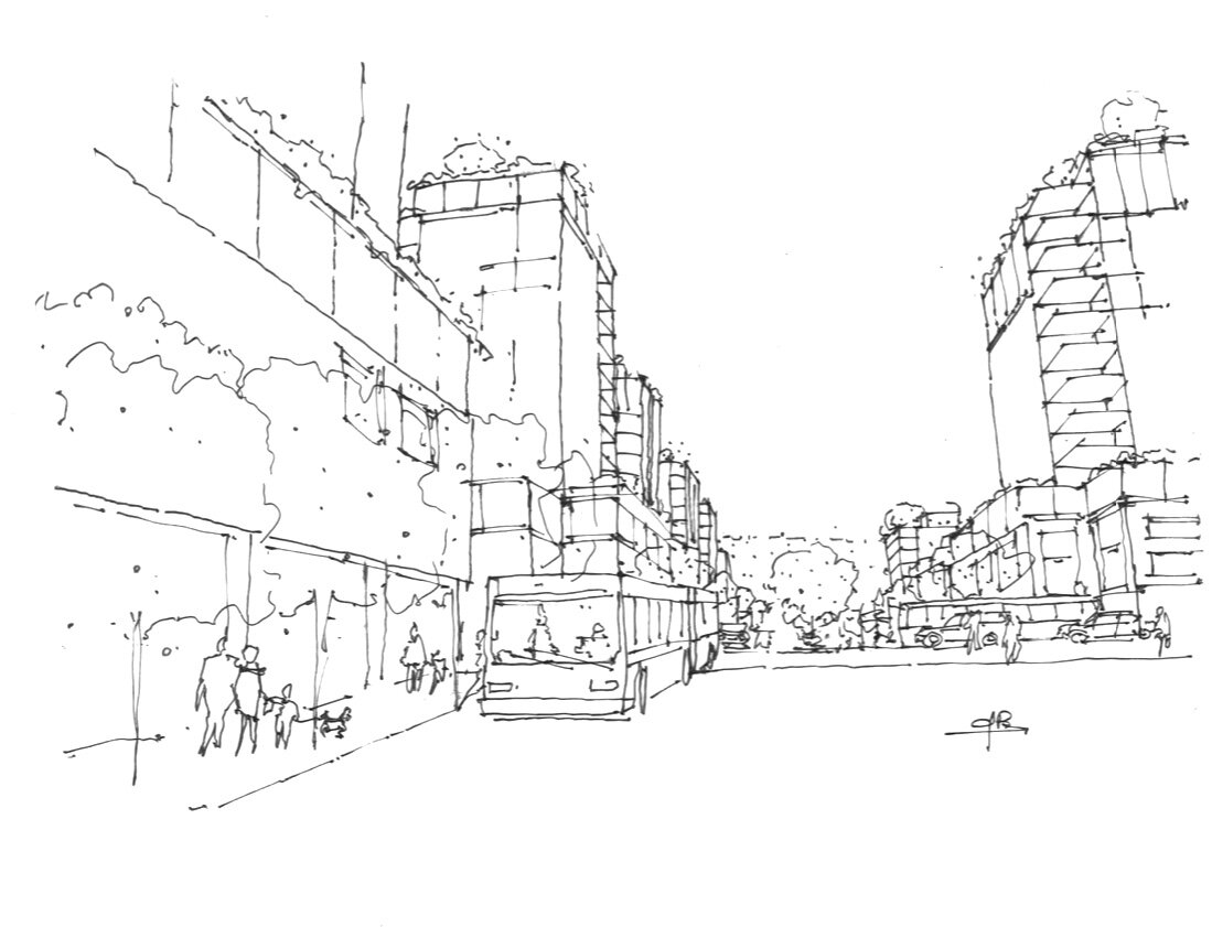 41 + Dunbar Masterplan: Perspective looking E. Design Concept: Gregory Borowski at Merrick Architecture for Gryphon. Perspective Sketch: Gregory Borowski 2020