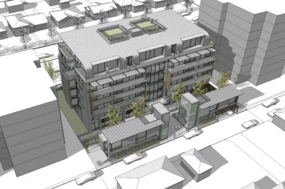 441 W 41st: Aerial View SW over lane. Design Concept: Gregory Borowski at Merrick Architecture for Westshire. Sketchup Model: Jeff Piper 2014