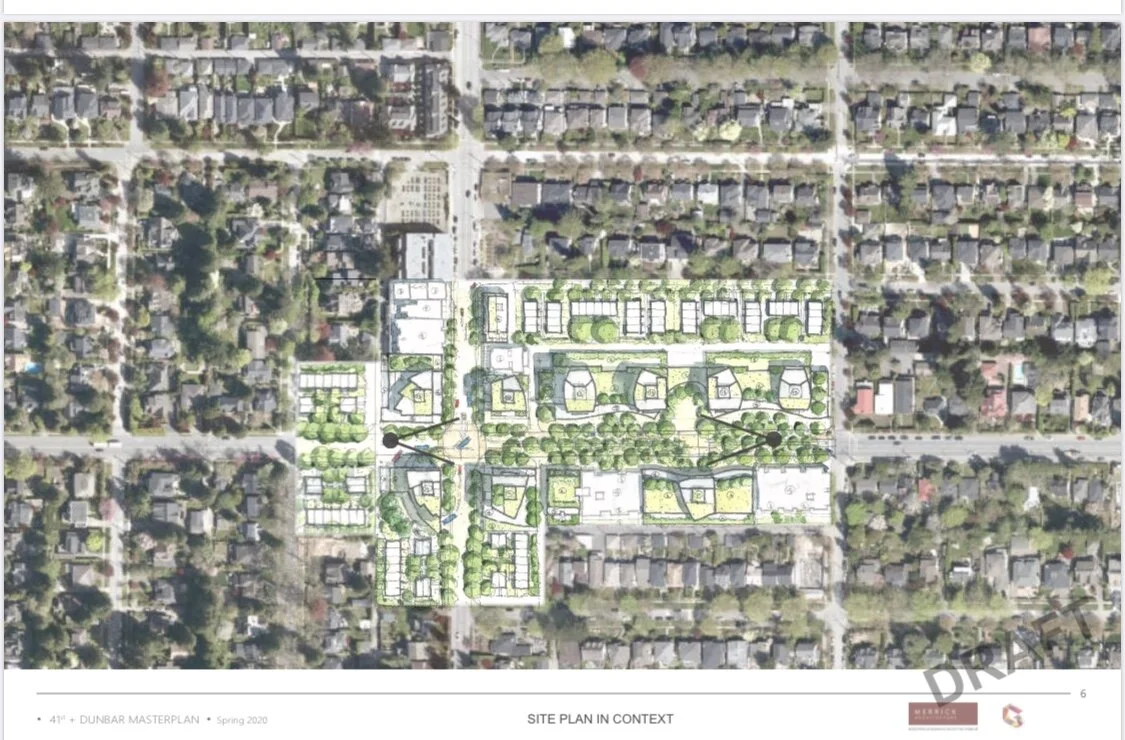 41 + Dunbar Masterplan: Site Plan. Design Concept: Gregory Borowski at Merrick Architecture. Plan: Gregory Borowski. Watercolour: Bette Adams 2020