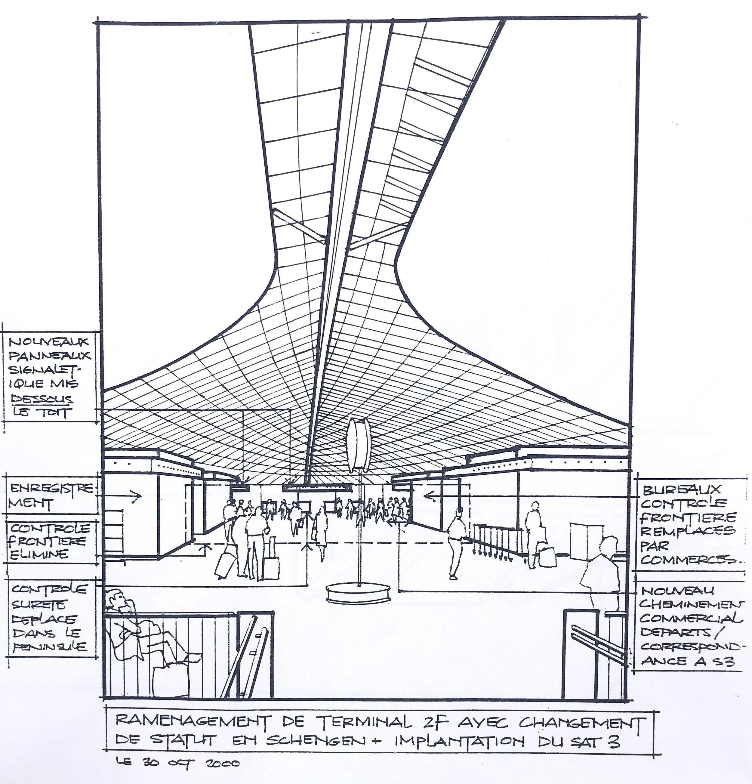 Terminal 2F Charles de Gaulle Airport: Modification to Schengen Status. Design Concept: Jean-Michel Fourcade. Perspective: Gregory Borowski at Aéroports de Paris 2000