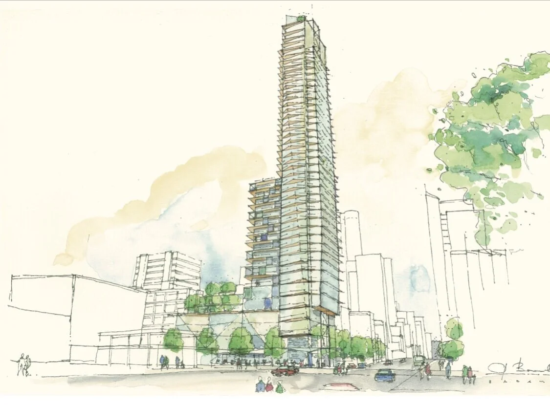1157 Burrard: View N from Burrard St. Design Concept: Gregory Borowski at Merrick Architecture for Prima. Perspective: Gregory Borowski. Watercolour: Bette Adams 2018