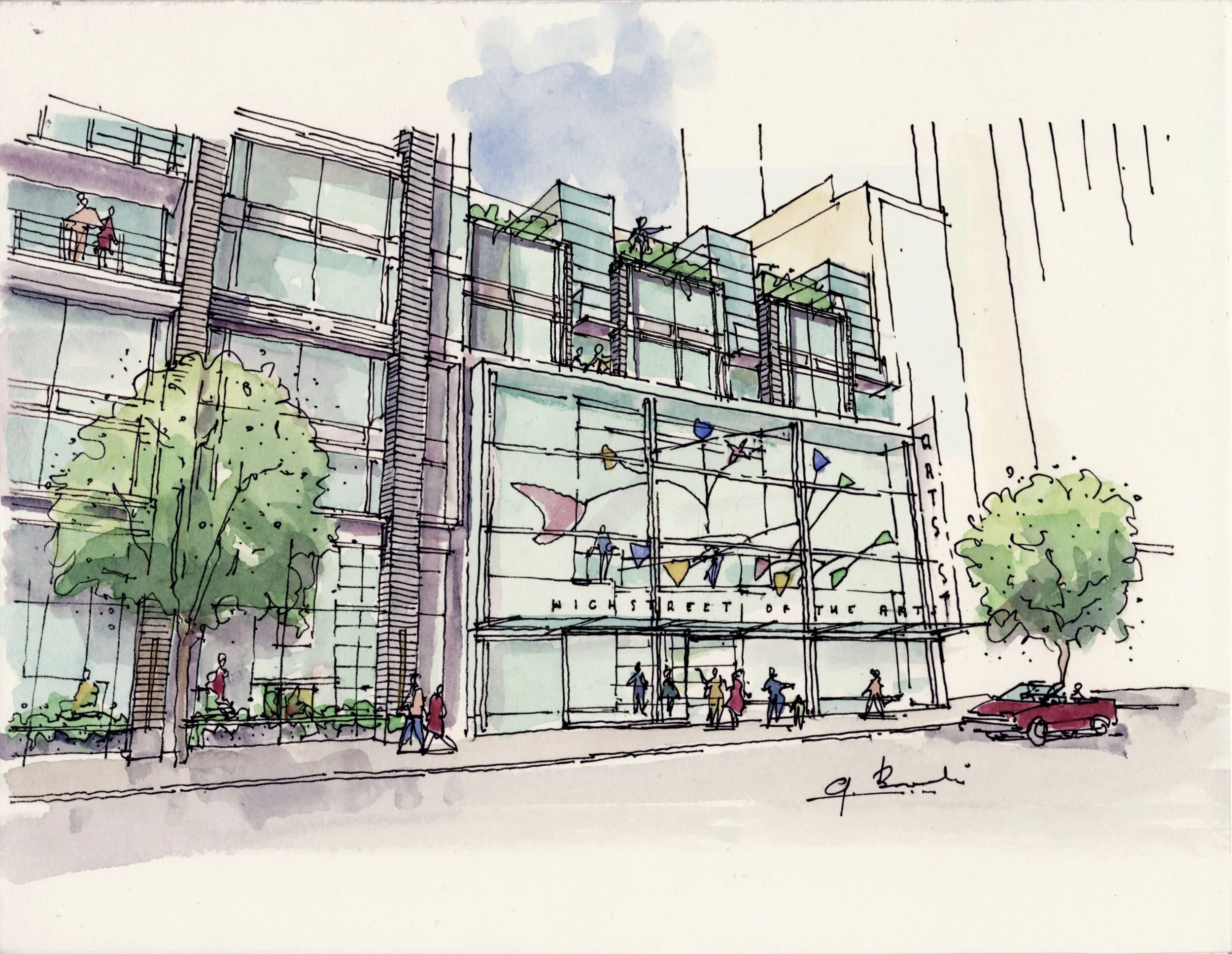 Howe Street Studios: View to Public Artwork. Design Concept: Gregory Borowski at Merrick Architecture for Bonds Group on behalf of City of Vancouver. Perspective: Gregory Borowski. Watercolour: Bette Adams 2012