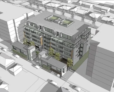 441 W 41st: Aerial View SE over Lane. Design Concept: Gregory Borowski at Merrick Architecture for Westshire. Sketchup Model: Jeff Piper 2014
