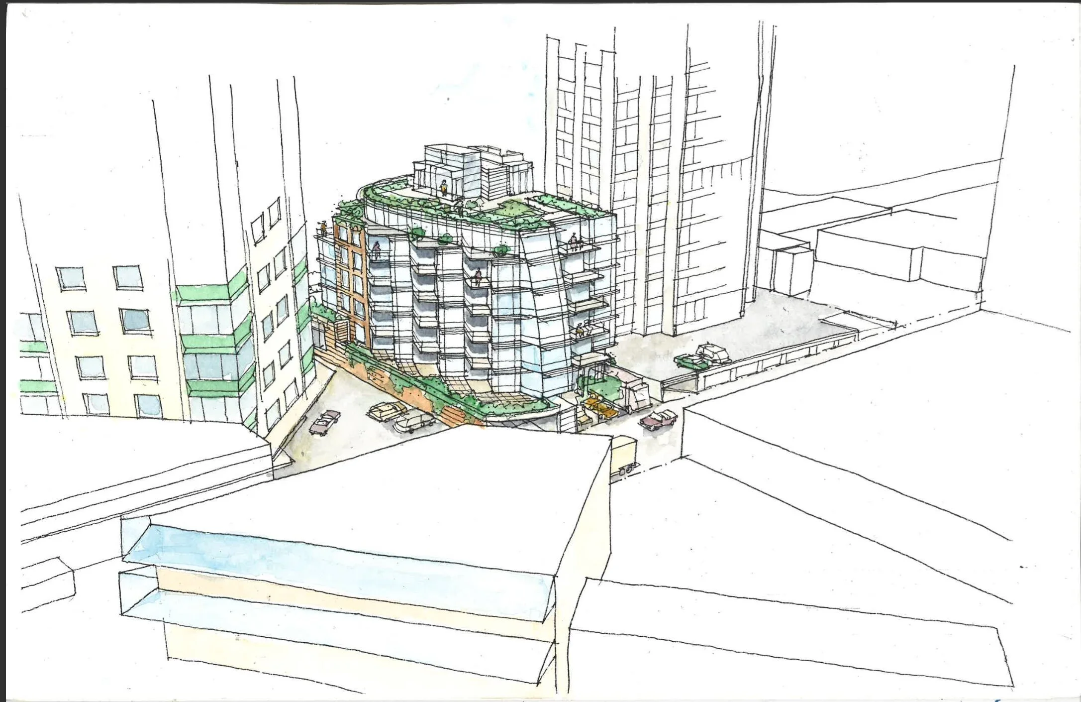 O2: Aerial View E. Design Concept: Gregory Borowski w/Joey Kardum at Merrick Architecture for Barco. Perspective: Gregory Borowski. Watercolour: Bette Adams 2008