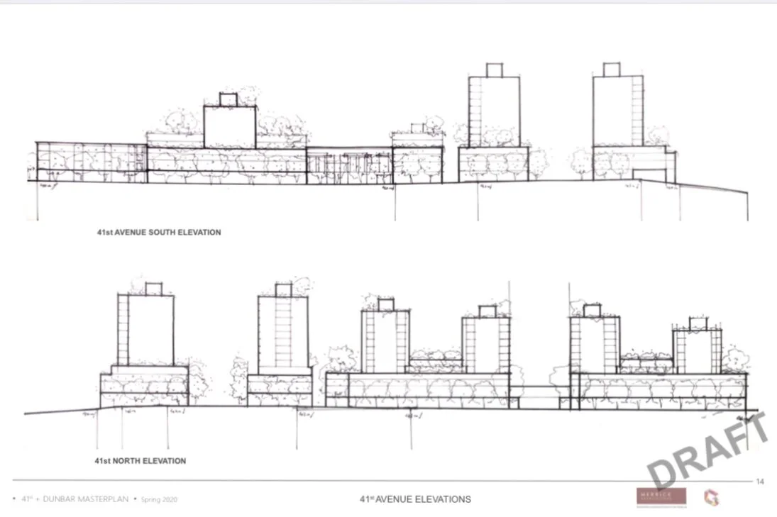 41 + Dunbar Masterplan: E + W Elevations. Design Concept: Gregory Borowski at Merrick Architecture. Elevations: Gregory Borowski 2020