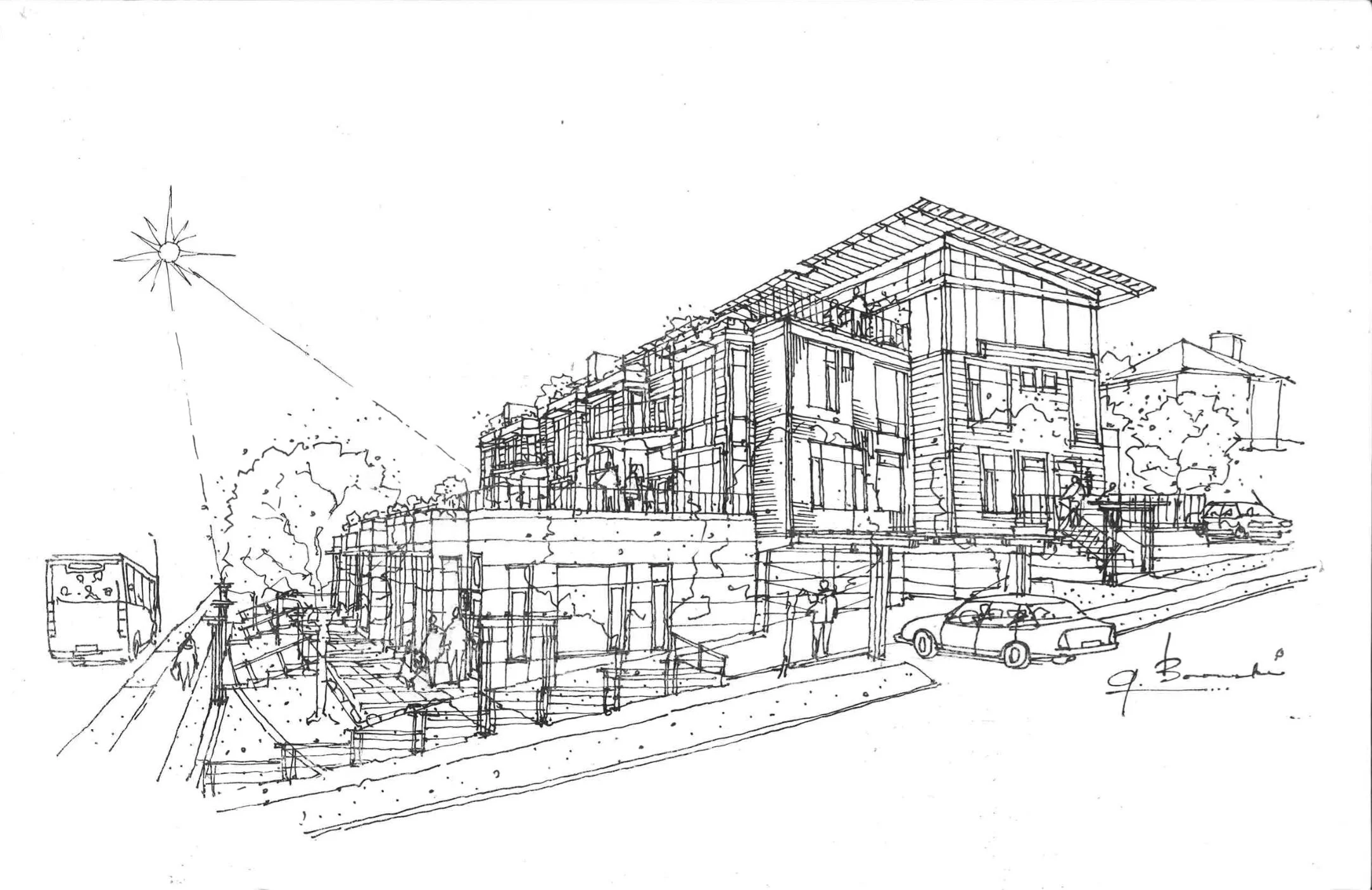 Vista: View NW from Hastings + Springer. Design Concept: Gregory Borowski with Gina Lyons at Merrick Architecture for Timeless. Sketch: Gregory Borowski 2015