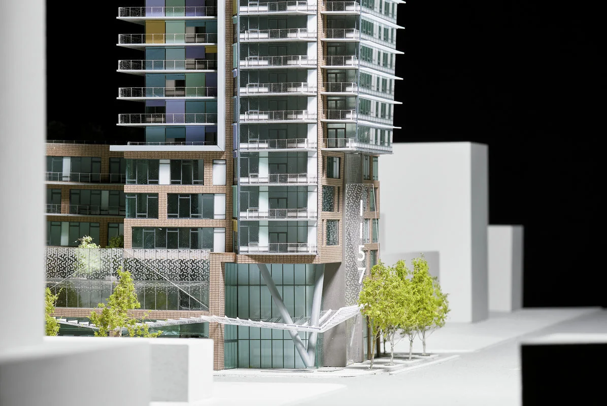 1157 Burrard Street: Model View to Entrance Canopy. Design Concept: Gregory Borowski at Merrick Architecture for Prima Properties. Photo: Sunny Jhooty 2019
