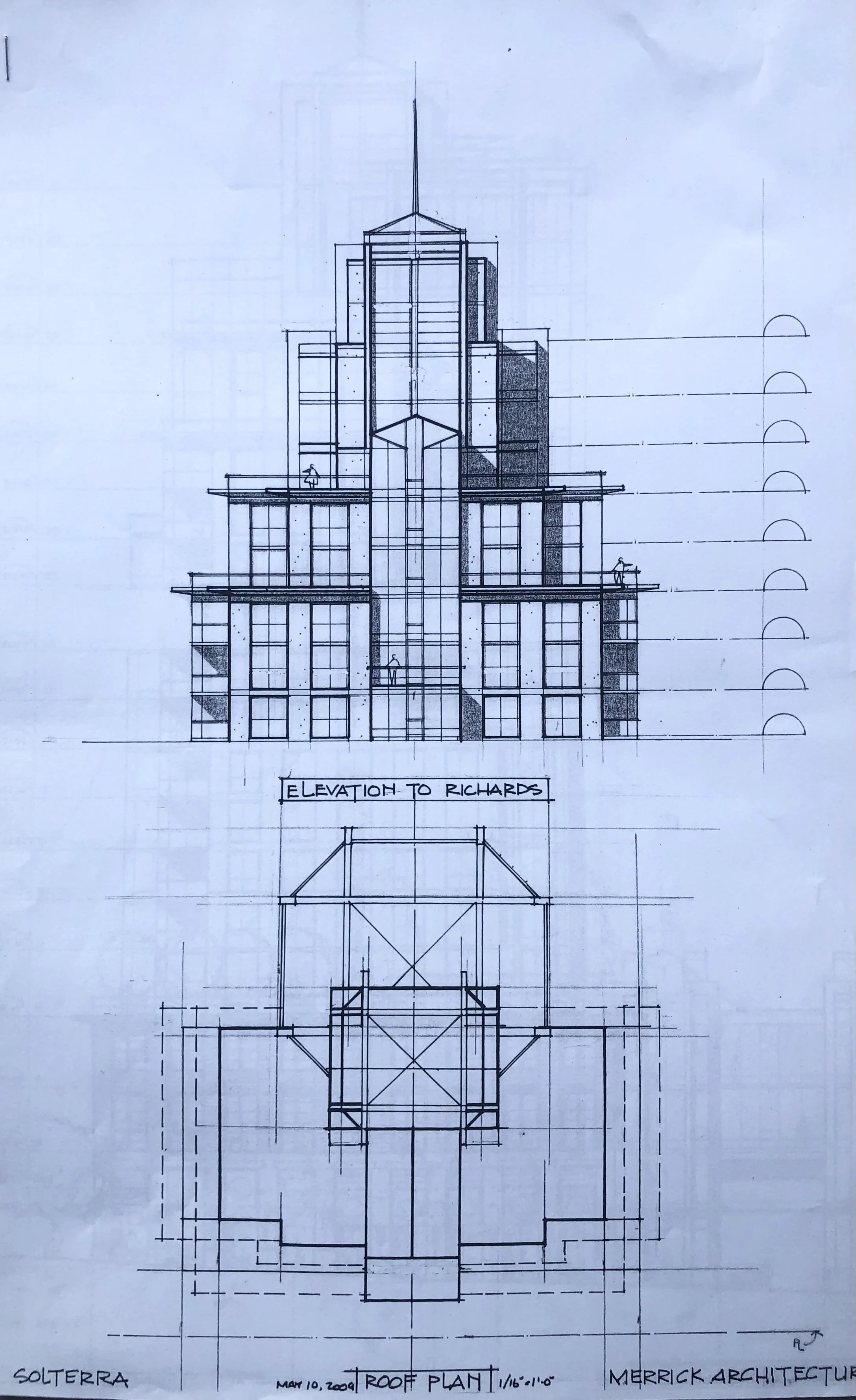 Symphony Place: Detail of Roof. Design Concept: Paul Merrick. Detail Design: Gregory Borowski at Merrick Architecture for Solterra. Drawing: Gregory Borowski 2004