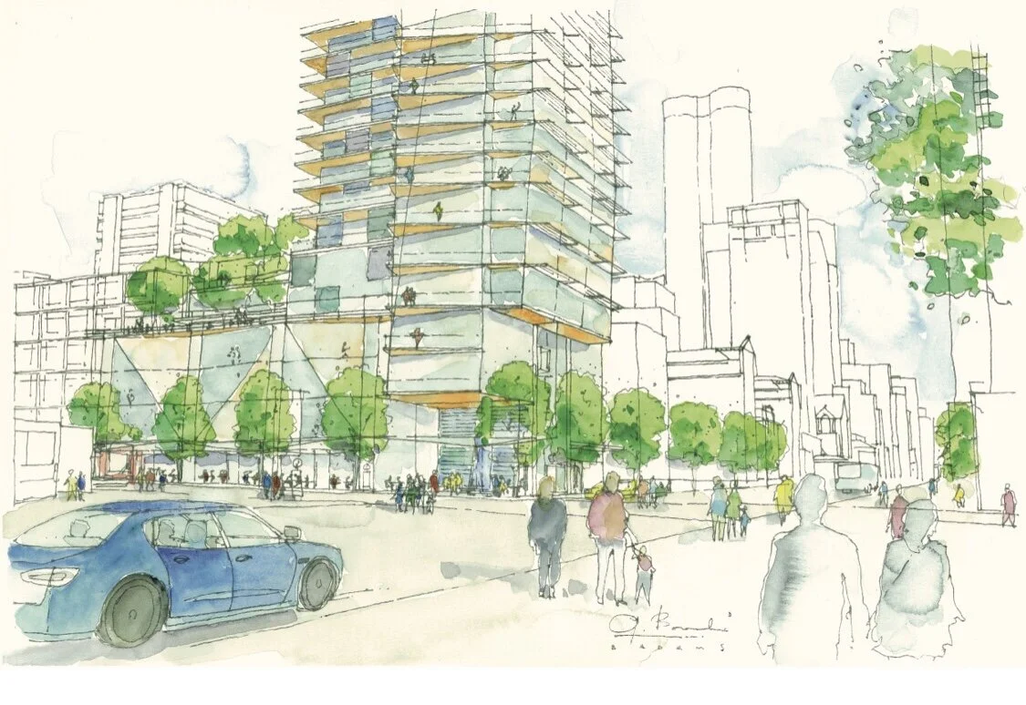1157 Burrard St: View to Corner of Burrard + Davie. Design Concept: Gregory Borowski at Merrick Architecture for Prima. Perspective: Gregory Borowski. Watercolour: Bette Adams 2018