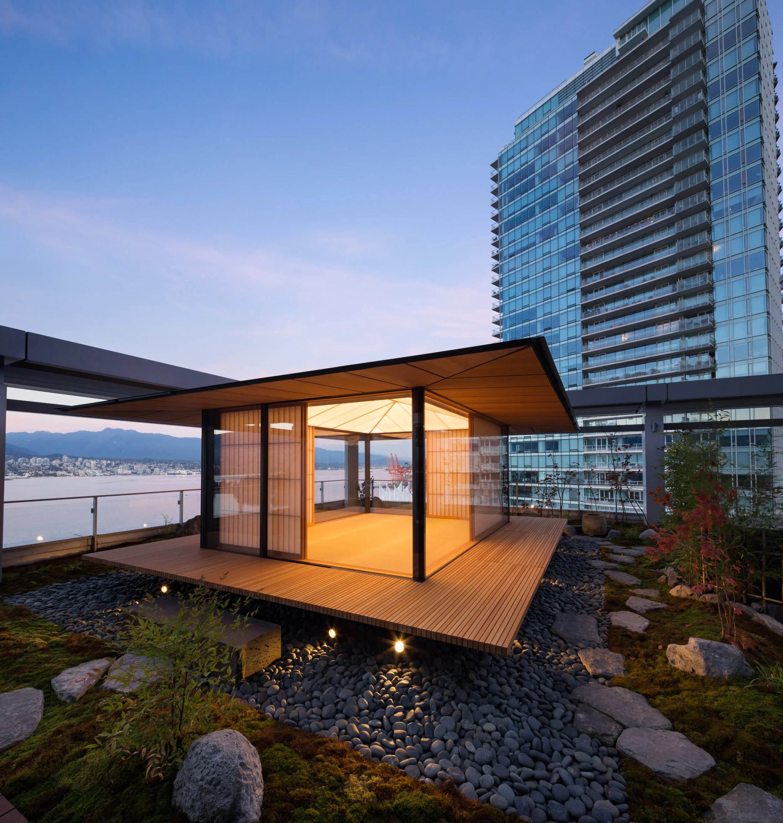 Shaw Tower Teahouse: View from Japanese Garden. Design Concept: Kengo Kuma Architects. Executive Architect at Merrick Architecture for Westbank Projects. Photo: Ema Peter: 2016