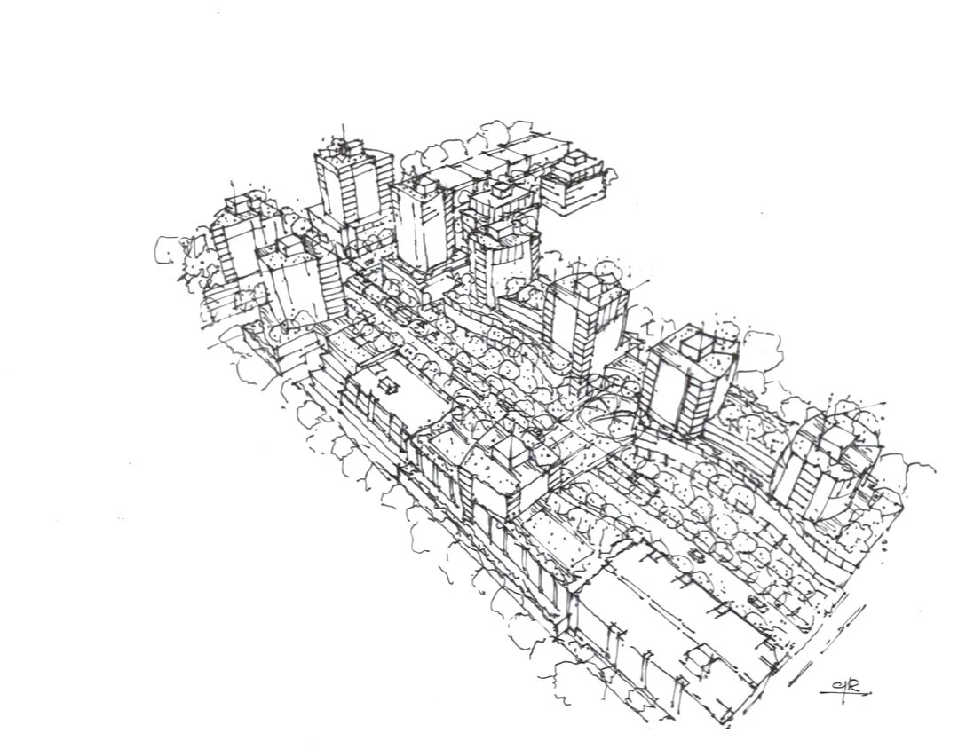41 + Dunbar Masterplan: Aerial Perspective from SE. Design Concept: Gregory Borowski at Merrick Architecture for Gryphon. Perspective Sketch: Gregory Borowski 2020