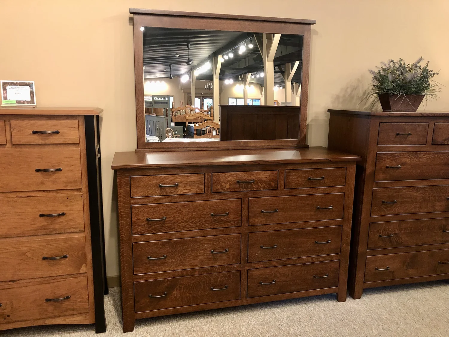 Bloomfield 9 Drawer Tall Ladies Dresser w/Mirror  Oak Specialists Furniture