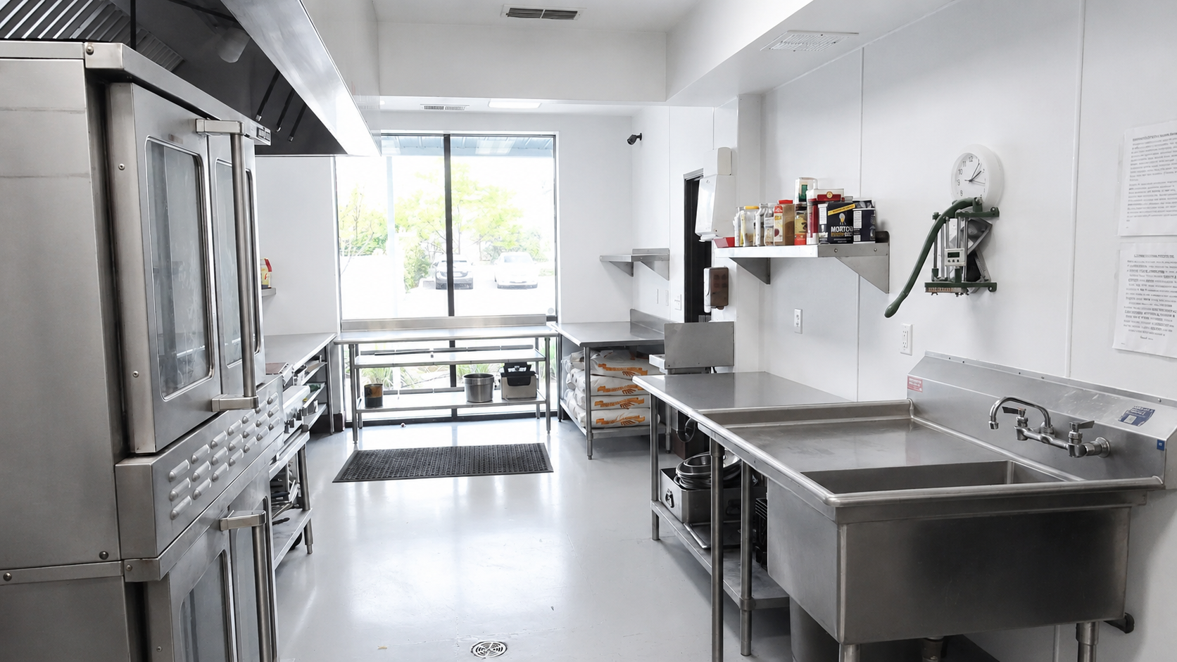Gourmet Garage commercial commissary kitchen with stainless steel prep tables, sinks, and cooking equipment
