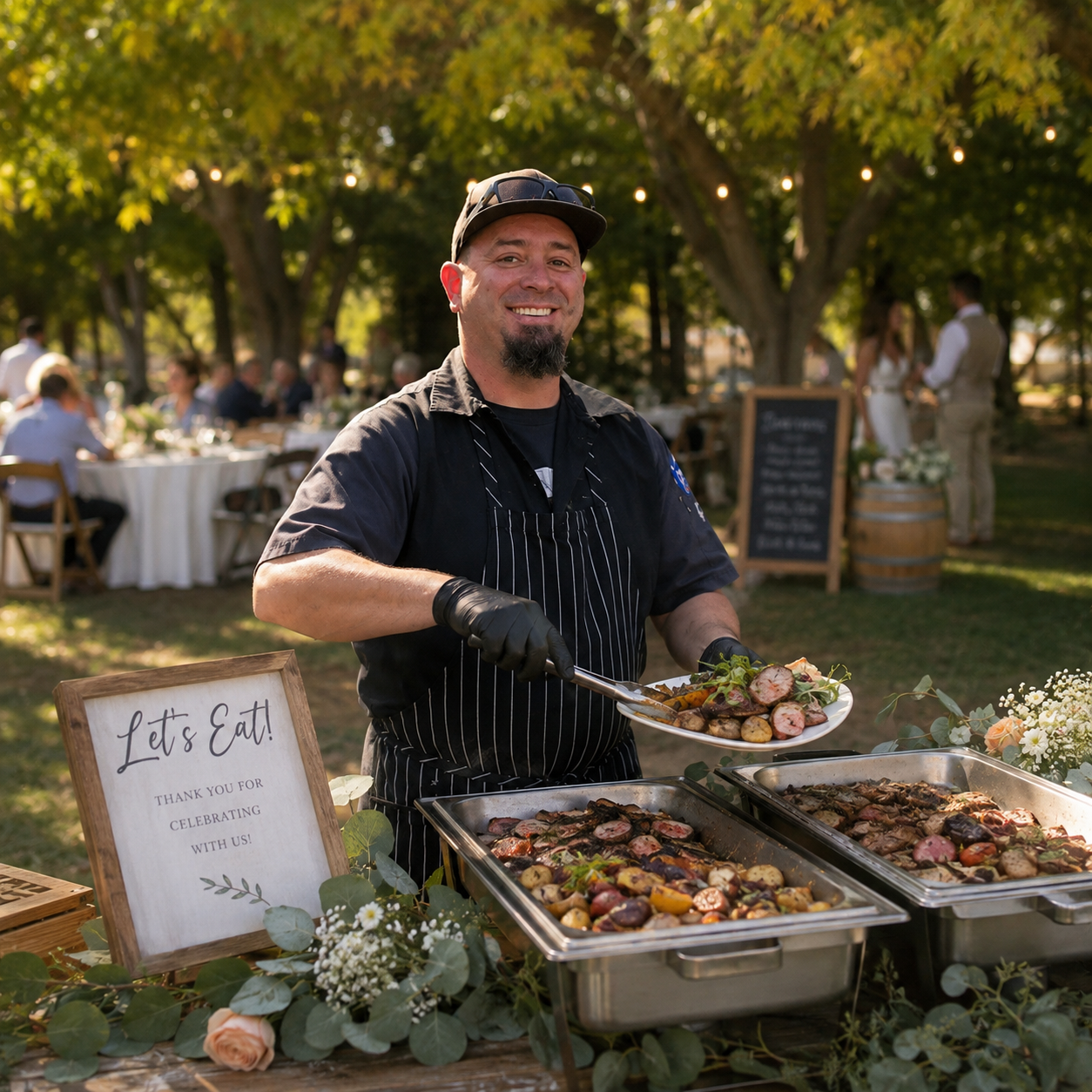 Gourmet Garage founder Matt Williams serving food at a catered outdoor event
