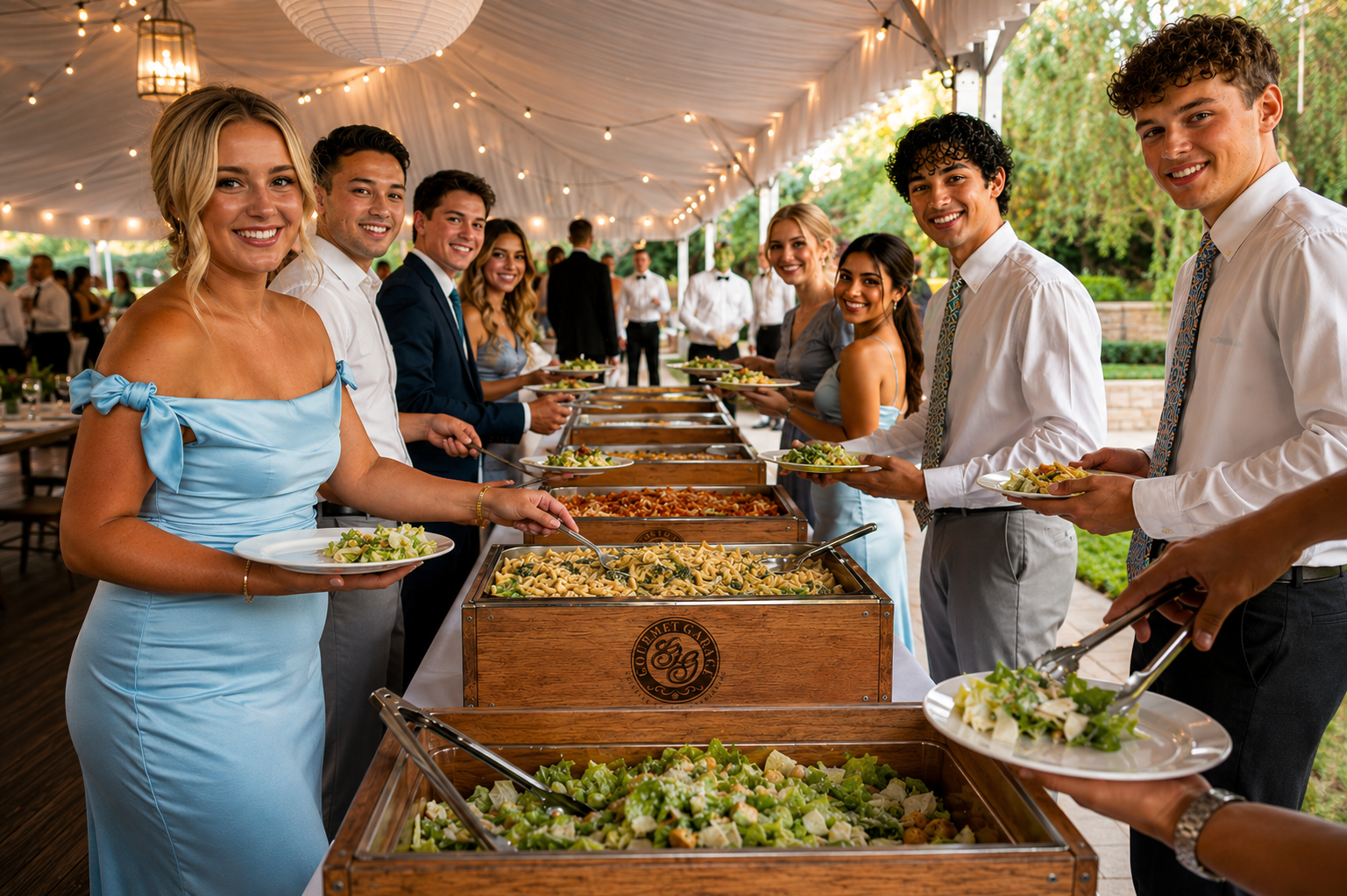 Guests serving themselves from a catered buffet at an outdoor event