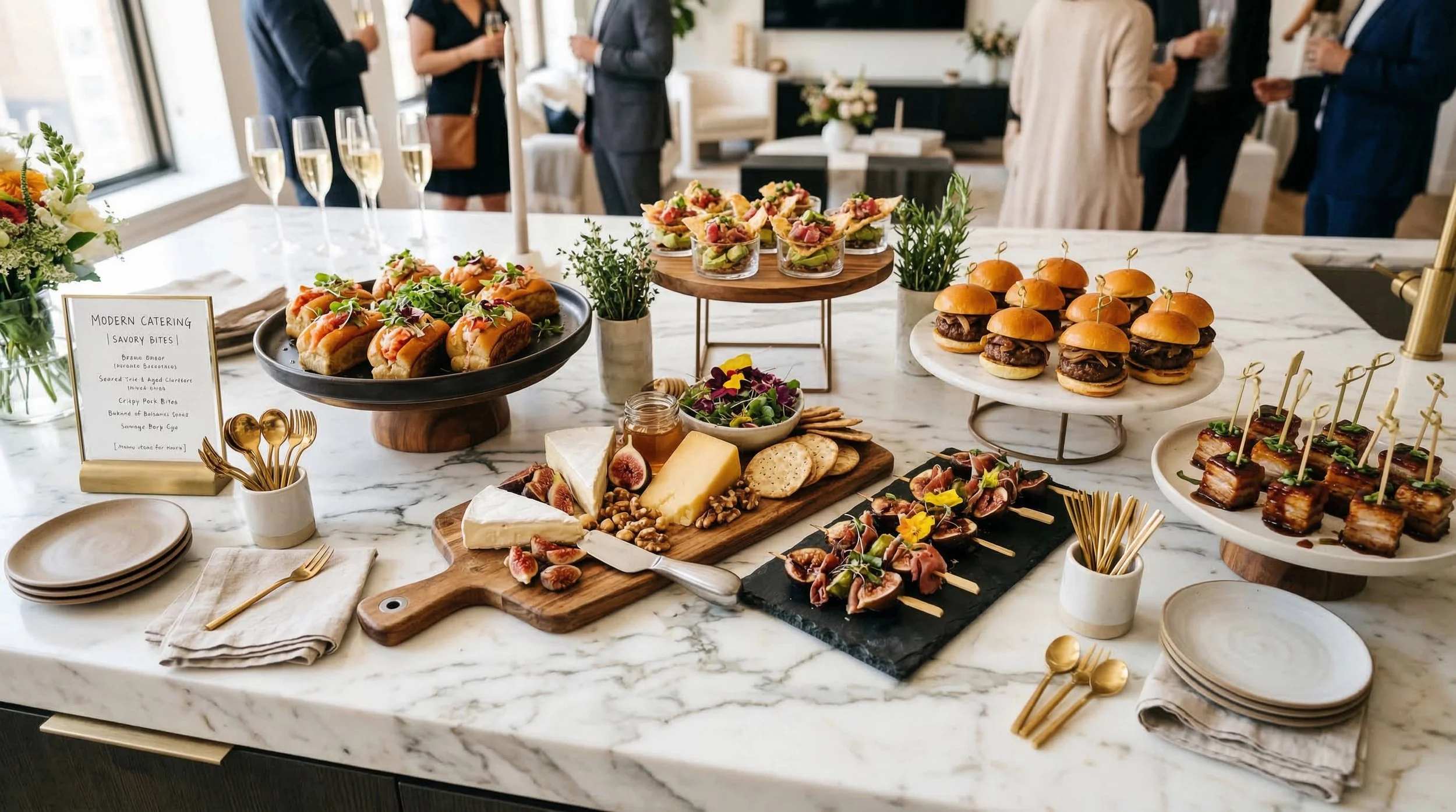 Customized wedding and event catering spread with appetizers, sliders, charcuterie, and small bites