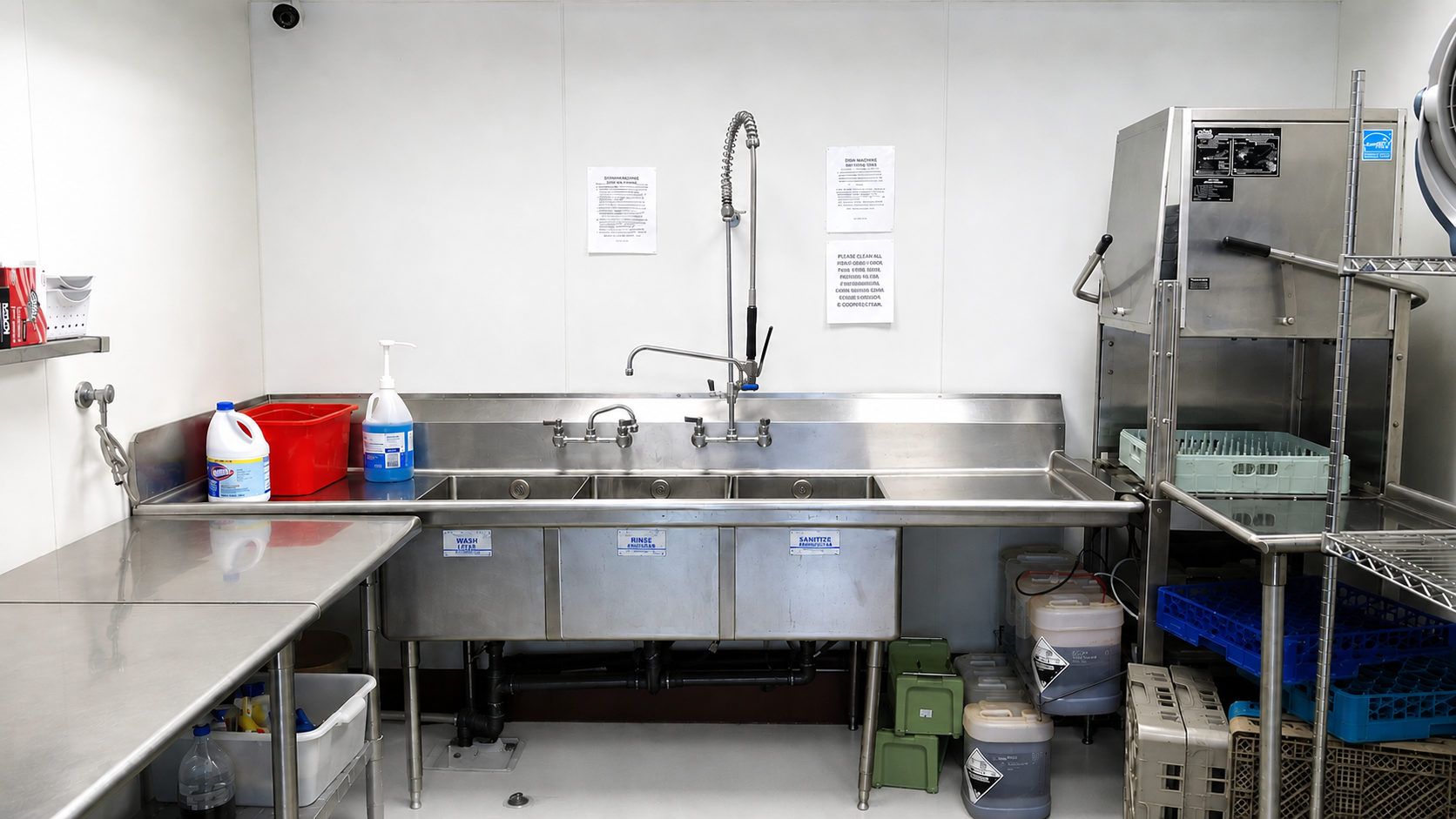 Commercial three-compartment sink and wash station inside the Gourmet Garage commissary kitchen