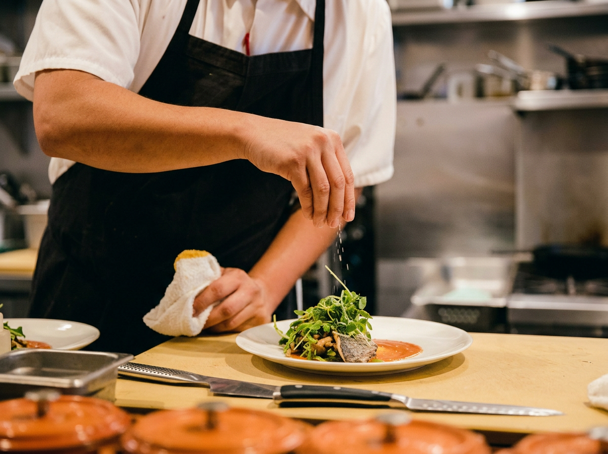 Chef plating a prepared dish in a professional kitchen