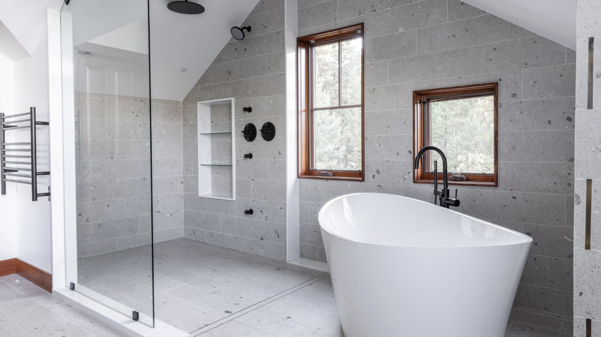Modern grey and brown accented bathroom