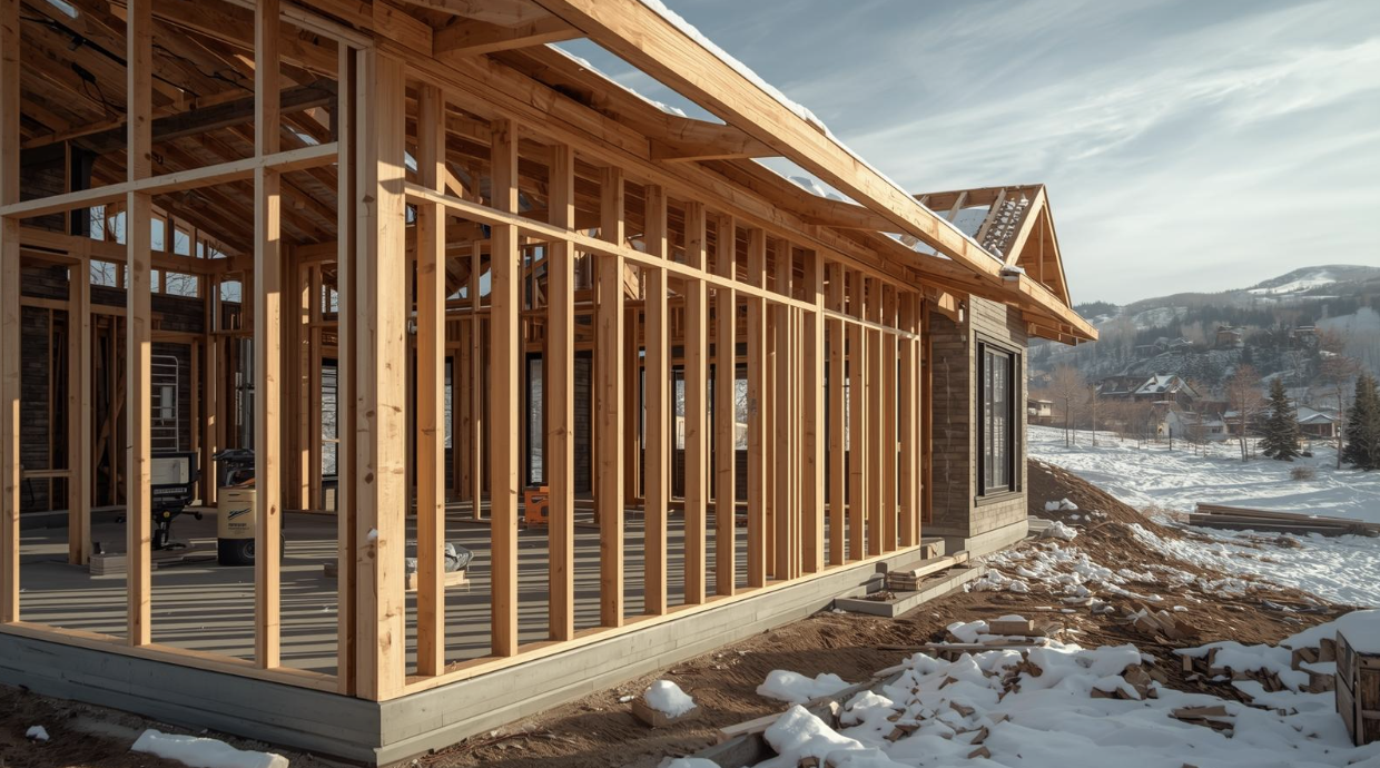 Framing of a home during construction with snow in the background