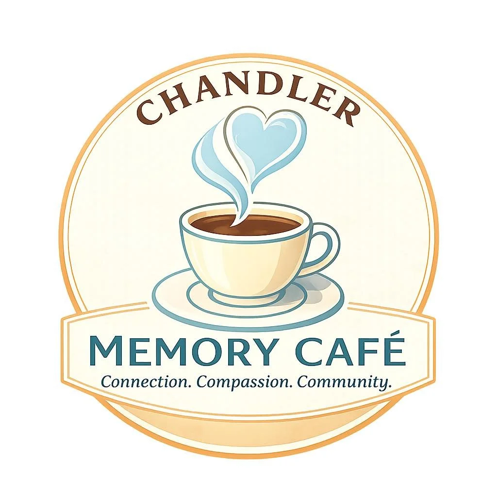 Illustration of a coffee cup with latte art and the words "Memory Cafe" on an orange background.