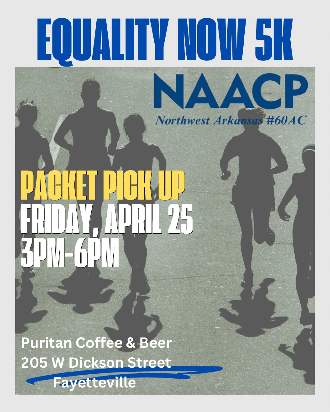 Pick up your Equality 5k Race Day Packet today 3-6pm at Puritan Coffee and Beer, 205 W Dickson Street, Fayetteville. If you haven&rsquo;t registered, you can do that today using the link in the bio.