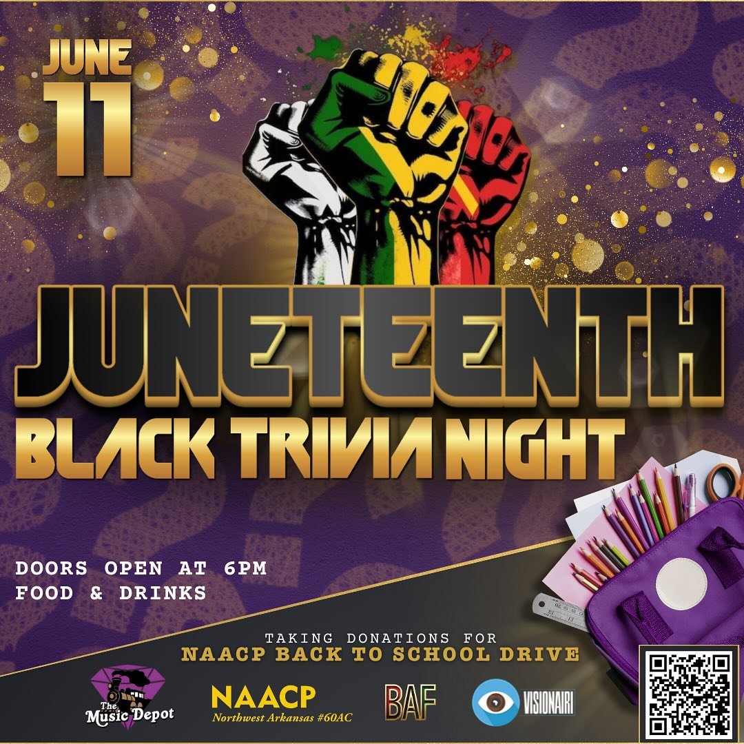 In one week: Get your team together for Juneteenth Black Trivia Night at @themusicdepotnwa! Free to attend with food and drinks for purchase. Proceeds will go toward the NWA NAACP&rsquo;s back-to-school drive distributing supplies to K-12 students ar