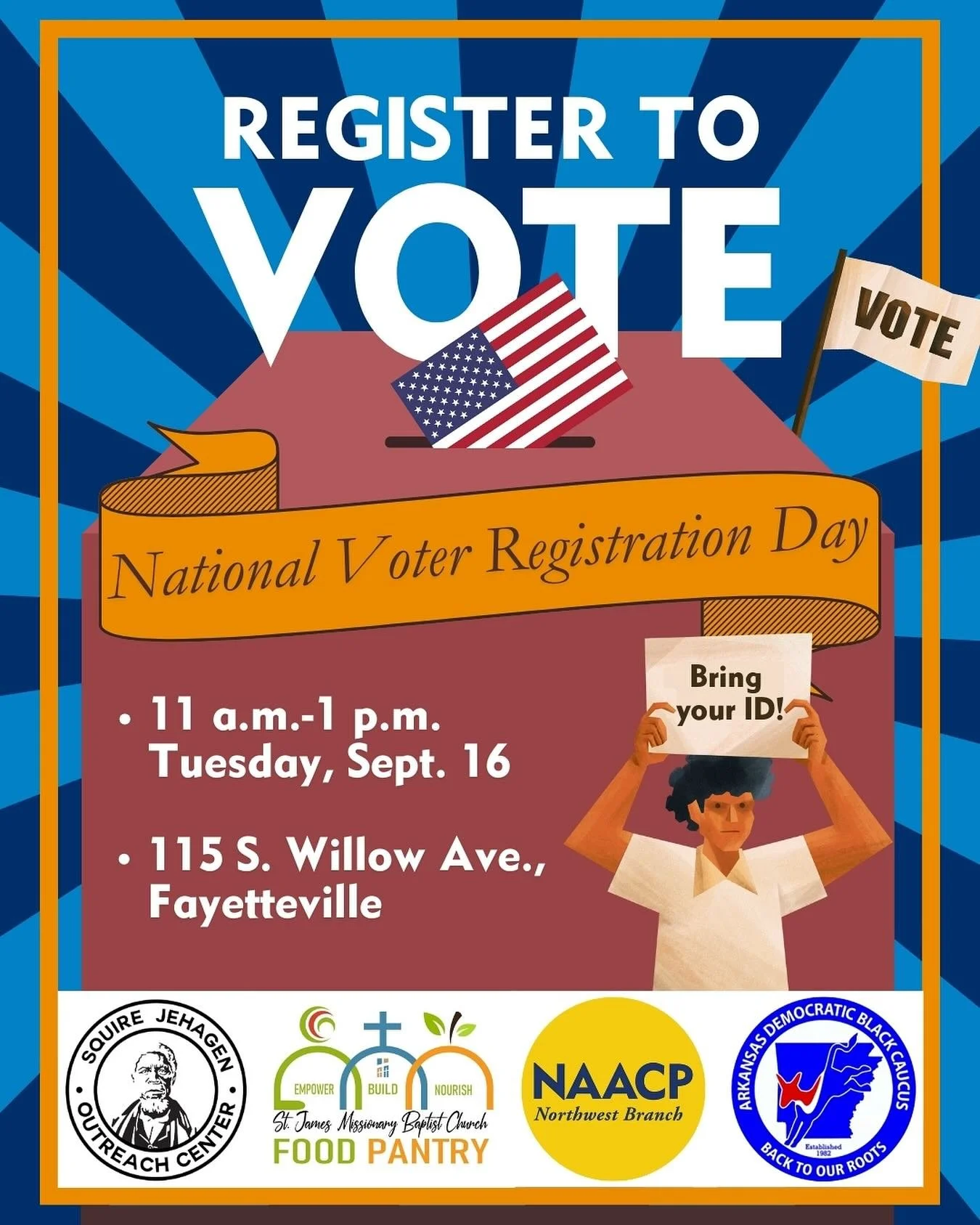 National Voter Registration Day is next Tuesday, Sept. 16, and our chapter is partnering with @stjames1865 and @blackcaucusar to bring it to our community. If you&rsquo;ve relocated to or in Northwest Arkansas, or if you&rsquo;d like to register for 
