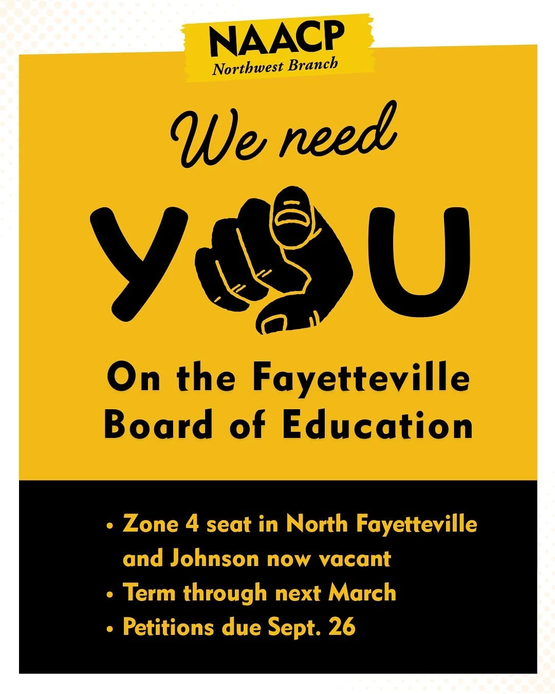 Local government alert: There is one week left to apply to fill a vacancy in the Fayetteville Board of Education. These positions decide the kind of education our children will receive and other district business, so it&rsquo;s important and meaningf
