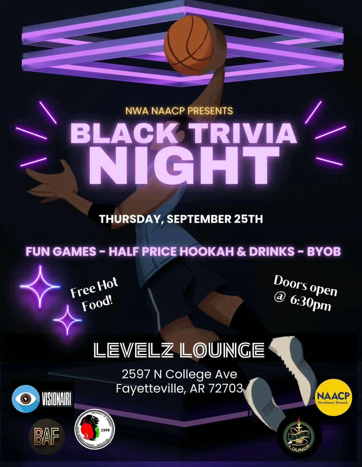 Tomorrow! Please join our next Black Trivia Night, located at @levelzlounge_fayetteville in collaboration with @visionairi, @uark_bgsa and @blkasfux &mdash; with BGSA sponsoring the food! Do you know your Black history and culture? Bring your friends