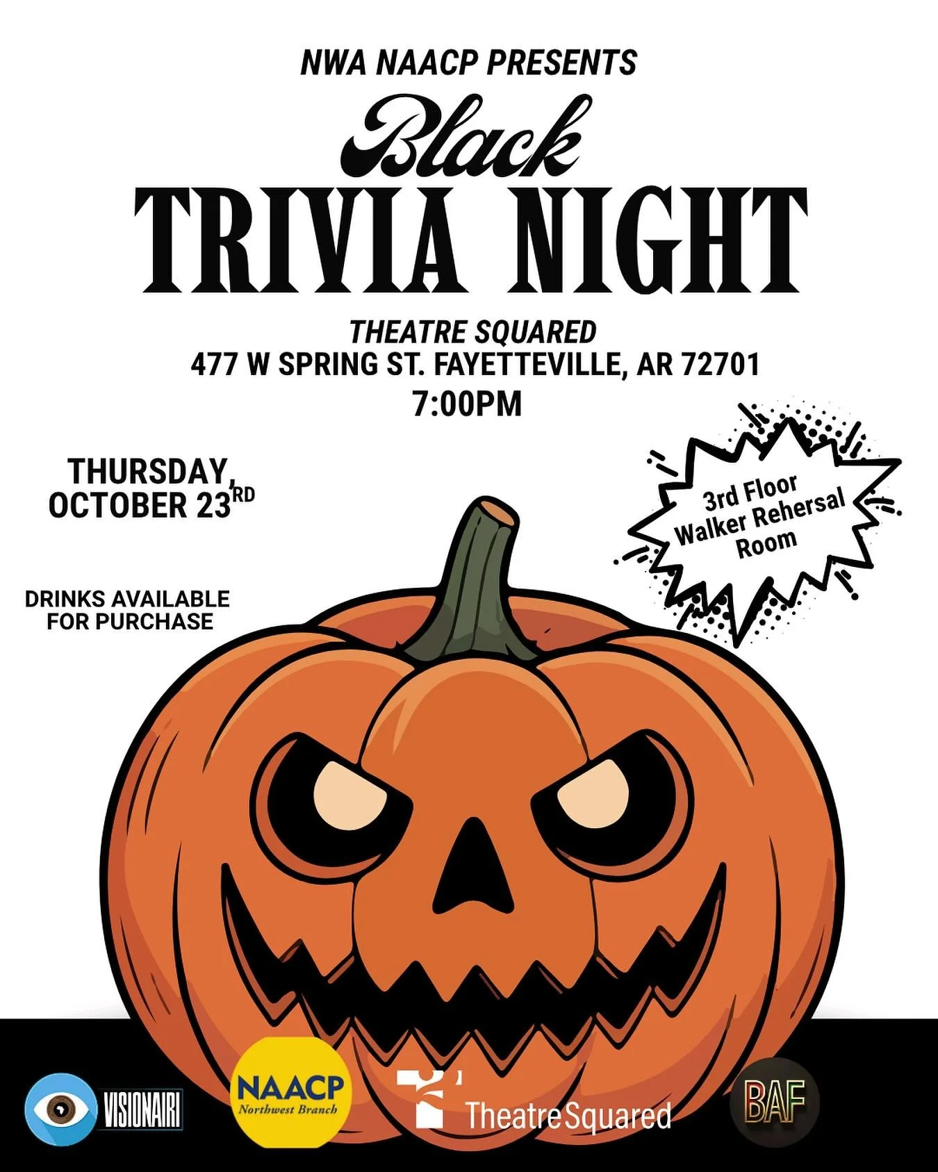 Our next Black Trivia Night is coming up soon, this time at @theatresquared, and you already know the theme: Spooky Season. Come out for a good time with old friends and new friends, support the NWA NAACP and build some community!