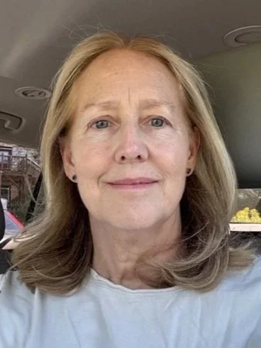 Close up of woman with shoulder length blond hair look