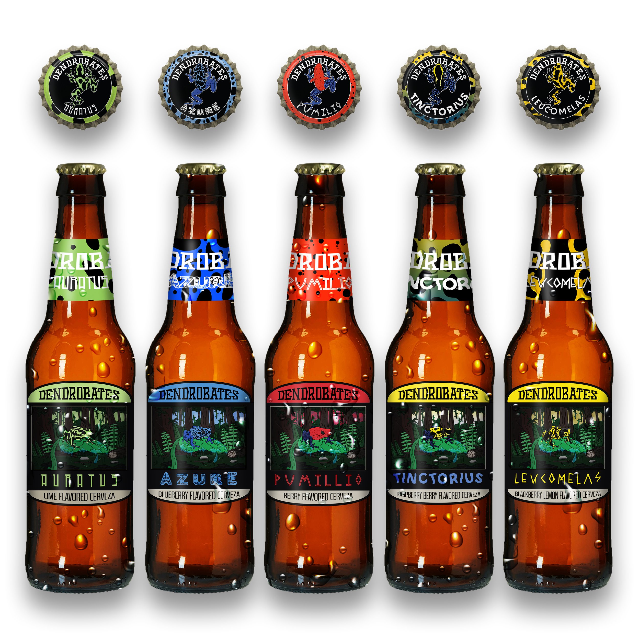 Dendrobates Bottle and Bottlecap Mockups (Each Flavor)