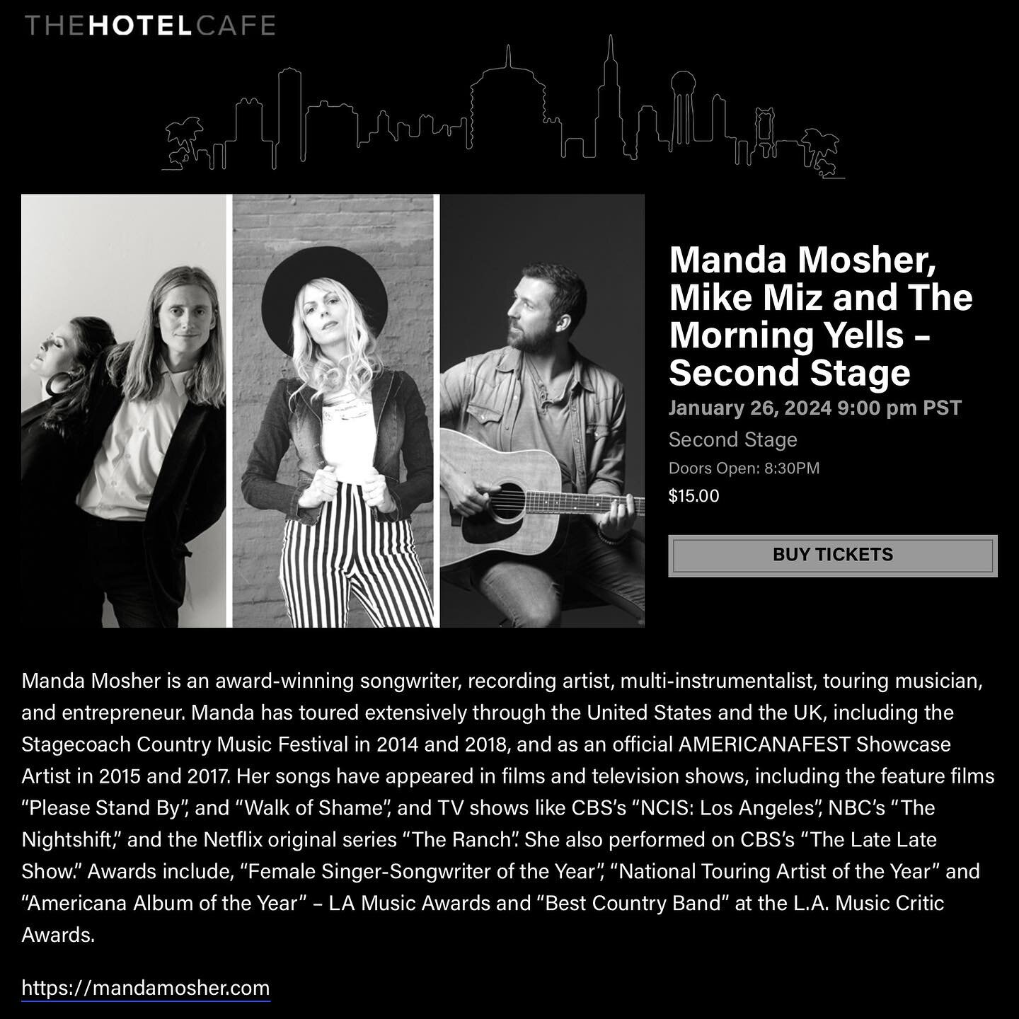 We are thrilled to announce our first Blackbird show of 2024 - Friday Jan 26th at Hotel Cafe Manda Mosher will be joined by the incredible Mike Miz in from Nashville bringing his sweet southern and east coast vibe out West - and The Morning Yells, ou