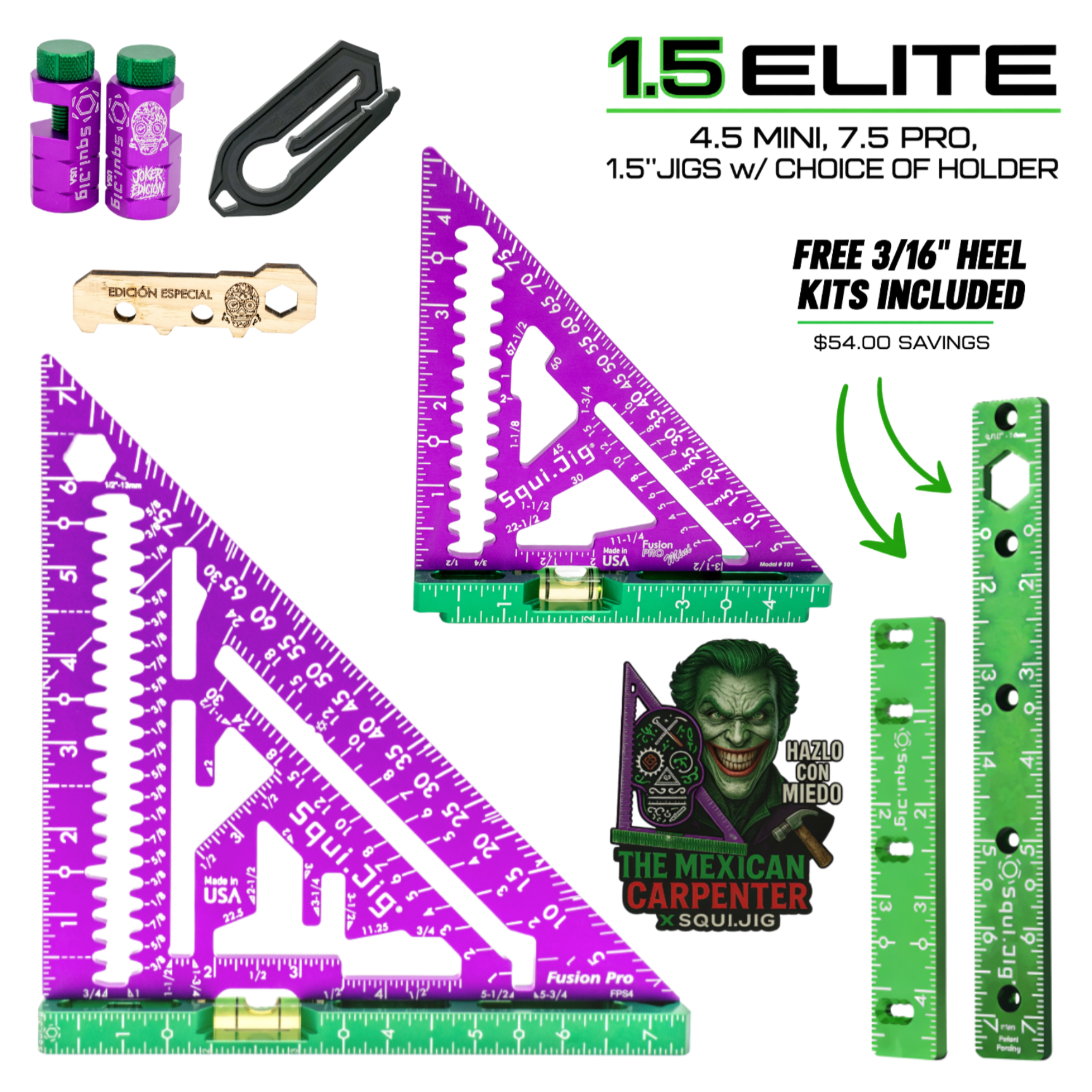 7.5" Pro Square + 4.5" Mini Square w/Level + 3/16" Heels + Jigs + Holder - Joker Edición Elite Set