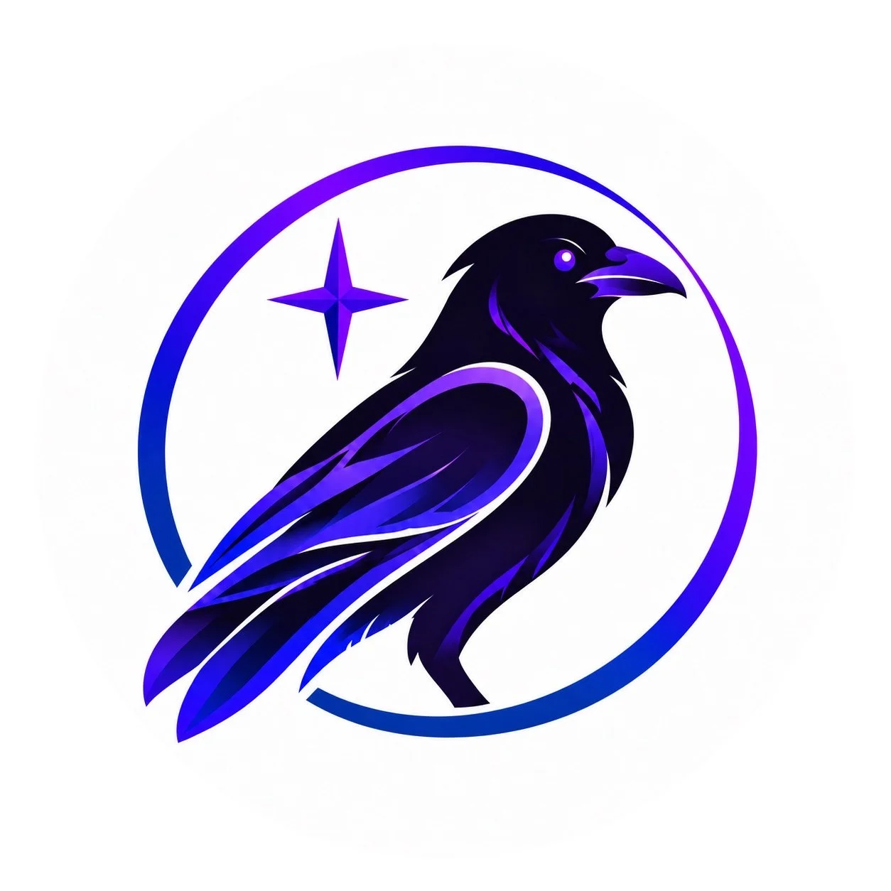 Purple and blue crow logo with a solid white background