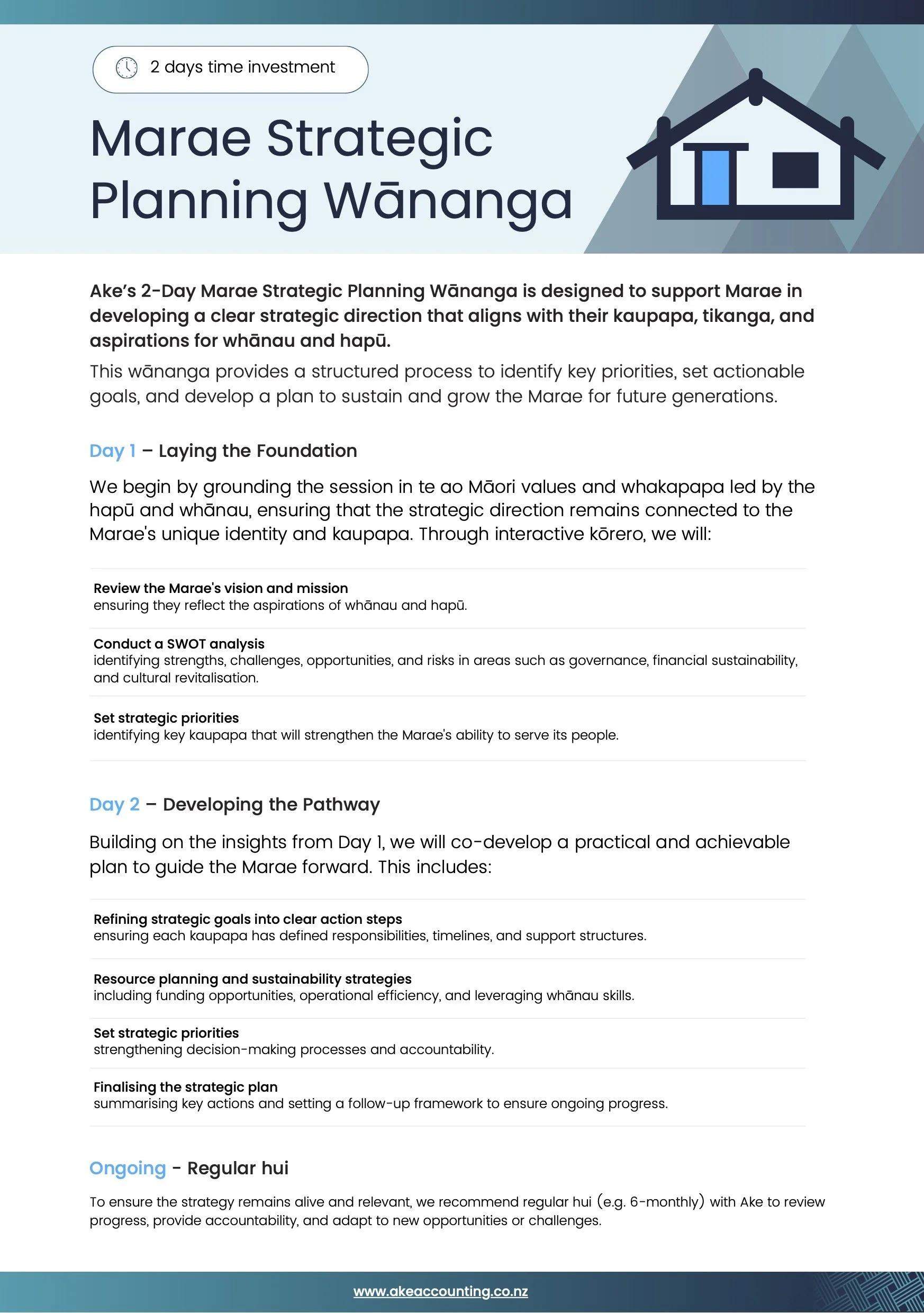 Flyer for "Marae Strategic Planning Wānanga," a 2-day event by Ake for Marae strategic development. Day 1 focuses on grounding sessions in Māori values, reviewing visions, conducting SWOT analyses, and setting strategic priorities. Day 2 involves co-developing a plan with strategic goals, resource planning, and finalizing the strategic plan. Ongoing hui are recommended. Visit "akeaccounting.co.nz" for more information."