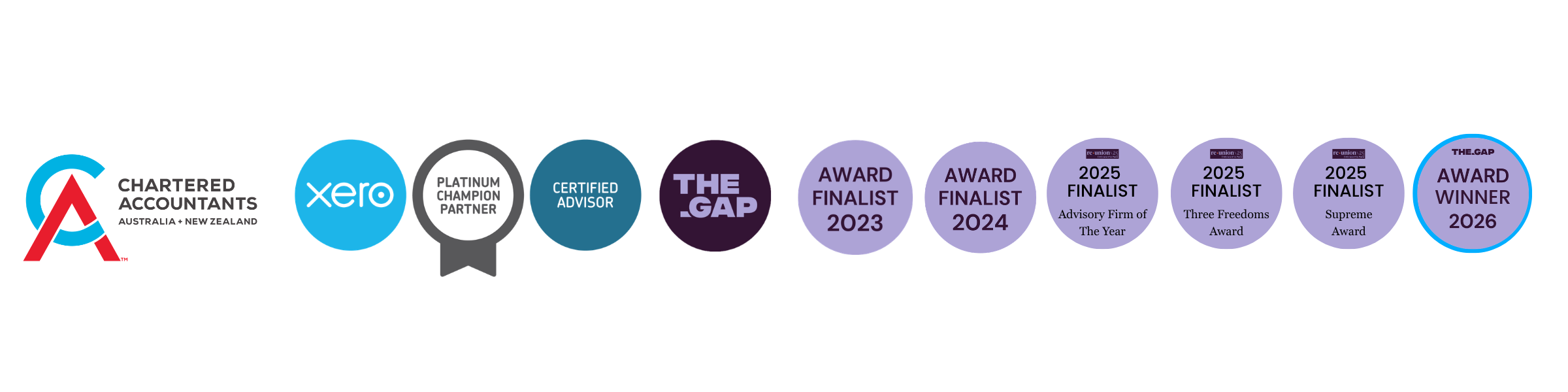 Chartered Accountants ANZ, Xero Platinum Champion Partner, Xero Certified Advisor, The Gap, award finalist 2023 and 2024, three 2025 finalist awards and The Gap Award Winner 2026