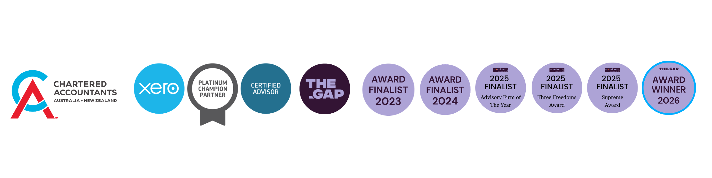 Chartered Accountants ANZ, Xero Platinum Champion Partner and Certified Advisor, The Gap award finalist 2023, 2024 and 2025, and The Gap Award Winner 2026