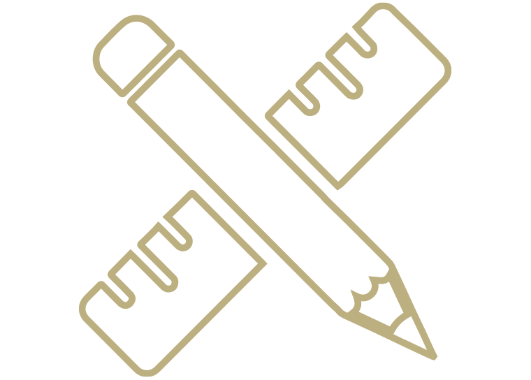 Line drawing of a pencil crossing two rulers on a black background.