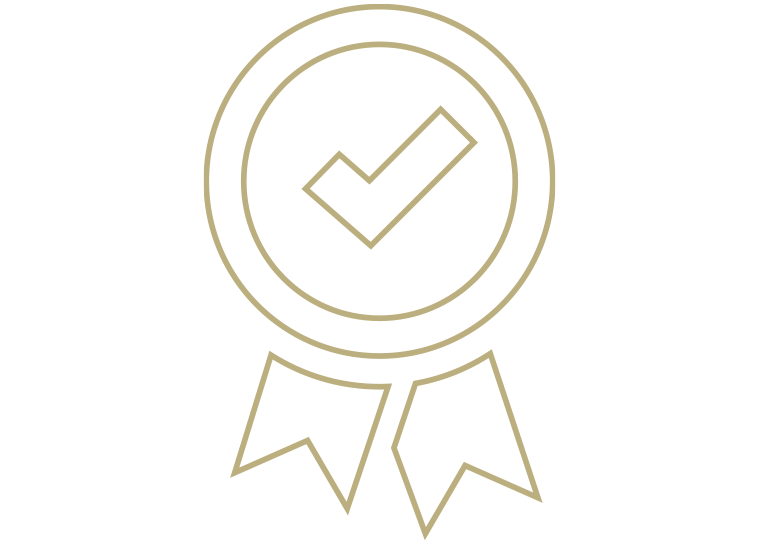A digital illustration of a medal with a checkmark inside a circle, with two ribbons hanging below.