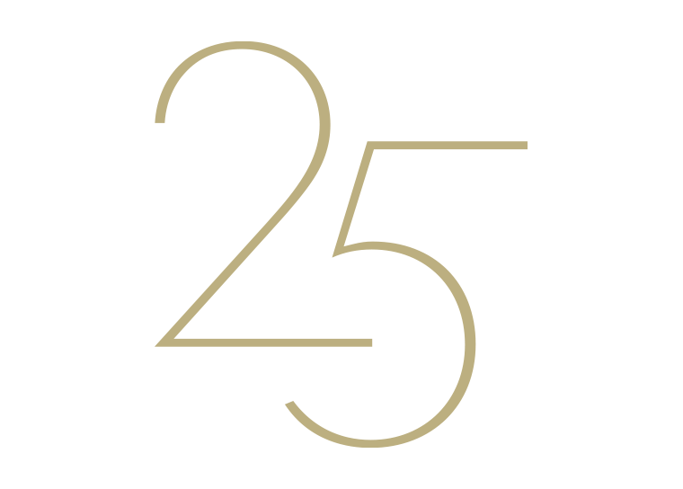 Large beige number 25 on a white background.