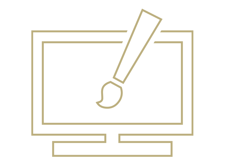 Outline of a computer monitor with a paintbrush and a paint blob on the screen, suggesting digital editing or design.