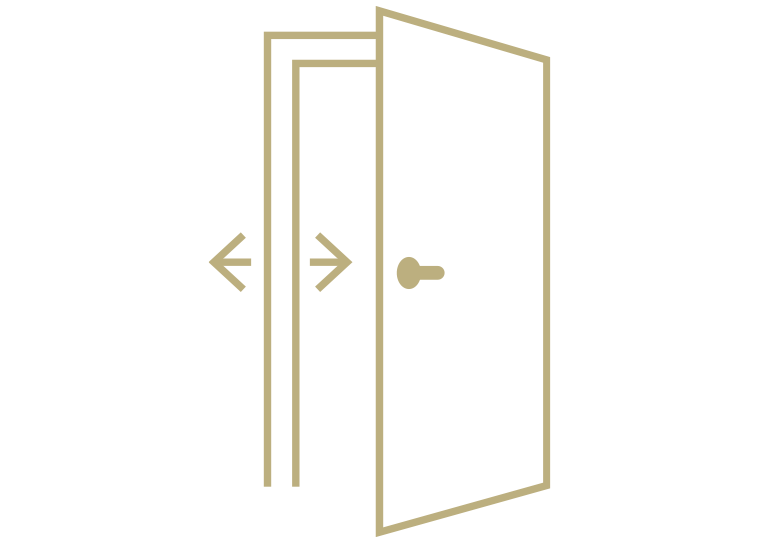 Line drawing of a door with an open door and door hinge, with arrows indicating left and right directions.