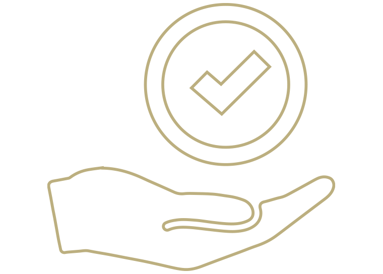 Outline of a hand holding a circle with a checkmark inside it.