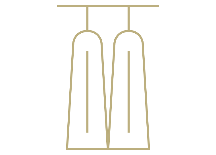 Outline of a pair of black pants hanging on a gold clothes rack.
