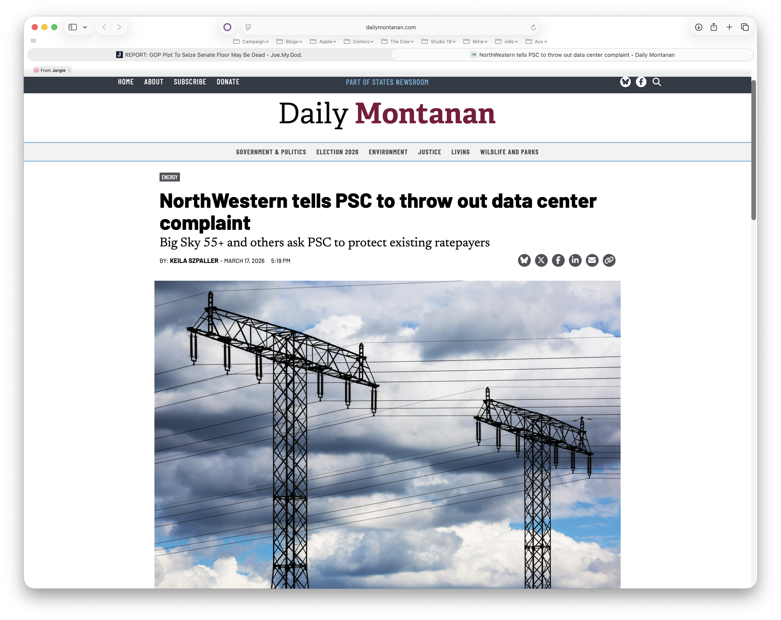 The Daily Montanan covers how Northwestern Energy is attempting to hide its ongoing negotiations with data center developers without any public oversight. The article header shows high voltage power transmission towers against a cloudy sky.
