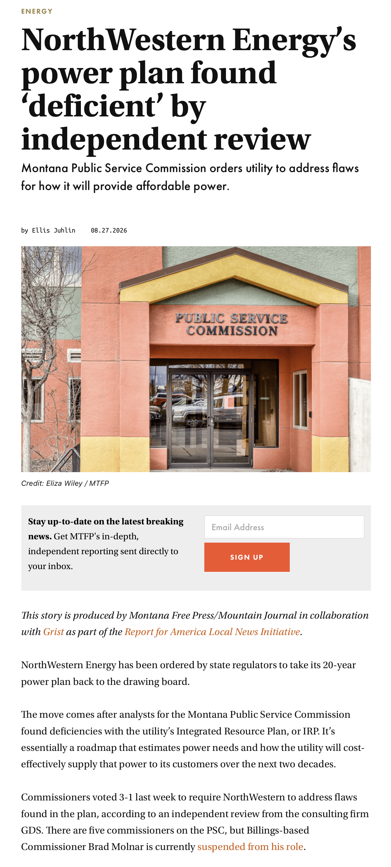Montana Free Press article about the latest PSC vote on NWE's shenanigans.