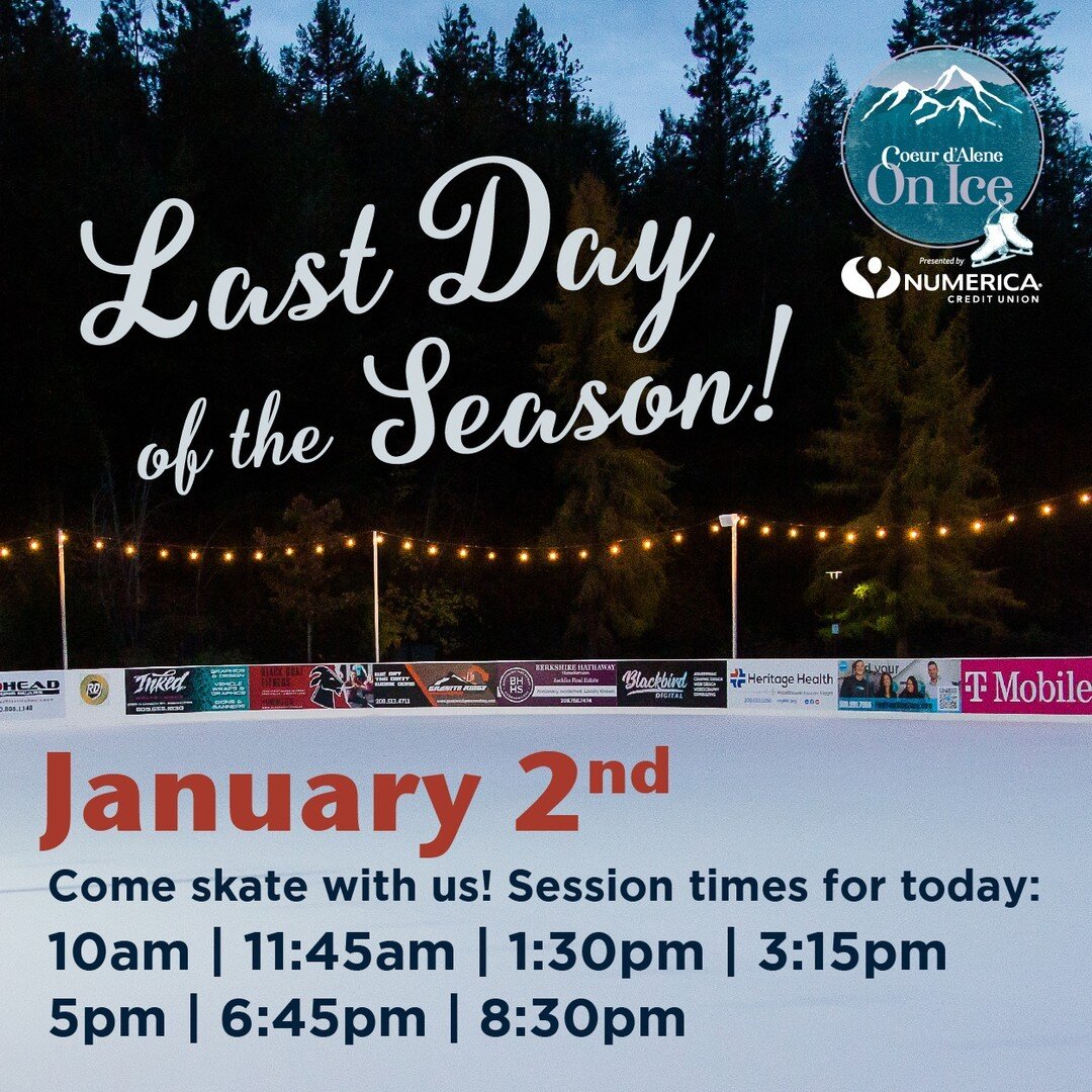 IT'S THE LAST DAY! We have loved seeing all the smiles, hearing the laughs and so many skaters enjoying time together at CDA On Ice! We have our 90 minute skate sessions today at 10am, 11:45am, 1:30pm, 3:15pm, 5:00pm, 6:45pm &amp; 8:30pm. Dress for t