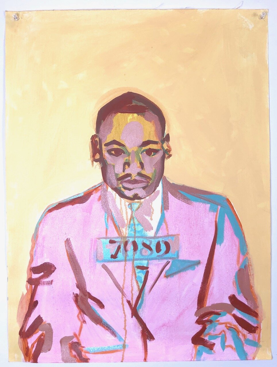 Dr. Martin Luther King Jr. in a Birmingham Jail in Radiant Magenta, oil on unstretched canvas, 2019